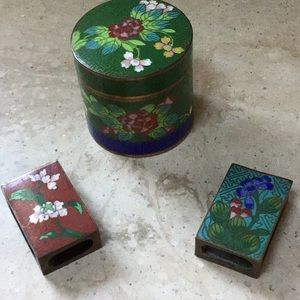 Antique Chinese cloisonné three pieces cigarette holder and two matchboxs